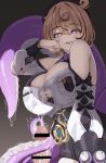  1boy 1girl absurdres bar_censor bare_shoulders black_hat blonde_hair breasts censored commentary cum cum_in_mouth cum_on_body cum_on_breasts detached_sleeves fahufahu hat high-waist_shorts highres large_breasts looking_at_viewer mole mole_under_mouth multicolored_hair penis purple_eyes shirt short_hair shorts simple_background smile tentacle_girl tentacle_tail tentacles white_shirt yidhari_murphy zenless_zone_zero 