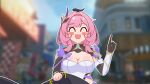  2girls black_gloves black_shrug blush_stickers breasts cleavage clothes_grab commentary_request corset elf elysia_(honkai_impact) elysia_(miss_pink_elf)_(honkai_impact) feathers game_screenshot_background gloves grabbing_another's_dress hair_intakes hair_ornament highres honkai_(series) honkai_impact_3rd large_breasts long_hair lty-d mihoyo multiple_girls pink_hair pointy_ears remielle_dan remielle_dan_(moonlight_whispers) screenshot_background shrug_(clothing) single_glove white_corset zenless_zone_zero 