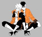  2boys adoptive_siblings ahoge boruto:_naruto_next_generations boruto_(series) bracelet brothers commentary_request cosplay eyebrow_piercing face_piercing facial_tattoo greyscale jacket jewelry kawaki_(boruto) makio1313 male_focus monochrome multiple_boys naruto_(series) naruto_shippuuden one_eye_closed open-toe_shoes open_clothes open_jacket piercing siblings sitting smile spot_color tattoo undercut uzumaki_boruto uzumaki_naruto uzumaki_naruto_(cosplay) 