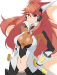  1girl amou_kanade artist_request big_hair bracer breasts closed_mouth clothing_cutout colored_shadow commentary_request double-parted_bangs drop_shadow floating_hair grey_panties hair_between_eyes hair_tuft hand_on_own_hip headgear headphones highres large_breasts leotard long_hair long_sleeves looking_at_viewer midriff mystical_high_collar navel orange_eyes orange_hair panties senki_zesshou_symphogear shadow simple_background skin_tight sleeved_leotard smile solo stomach_cutout symphogear_pendant thick_eyelashes underwear upper_body white_background 