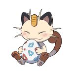  blush closed_eyes closed_mouth coin curled_tail deersenbei113 egg fangs highres holding holding_egg meowth pokemon pokemon_(anime) pokemon_(classic_anime) pokemon_(creature) pokemon_egg pokemon_focus simple_background sitting smile solo togepi_egg white_background 