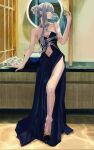  1girl absurdres ak-12_(girls'_frontline) ak-12_(quiet_azure)_(girls'_frontline) bare_shoulders bathroom blue_dress breasts card cleavage closed_mouth collarbone dress full_body girls'_frontline grey_hair hair_bun high_heels highres holding holding_card jewelry knokofji legs long_hair looking_up medium_breasts mirror navel necklace off-shoulder_dress off_shoulder official_alternate_costume purple_eyes sidelocks solo standing strapless strapless_dress 