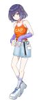  1girl absurdres arm_warmers bare_shoulders blue_skirt breasts camisole chiikawa chiikawa_(character) chiune_(yachi) clothes_writing collarbone denim denim_skirt full_body gakuen_idolmaster grey_eyes hair_ornament hataya_misuzu highres idolmaster mole mole_under_mouth orange_camisole parted_lips platform_shoes purple_hair purple_socks shoes short_hair simple_background skirt small_breasts socks solo star_(symbol) star_hair_ornament white_background white_shoes 