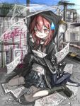  1girl black_jacket commentary_request cyberia0321 d4dj grey_skirt hair_between_eyes highres holding holding_umbrella hood hood_up hooded_jacket jacket kanda_hare long_hair long_sleeves open_clothes open_jacket outdoors plaid_clothes plaid_skirt red_hair road school_uniform sheet_music shirt shoes sitting skirt sky sleeves_past_wrists solo street transparent transparent_umbrella umbrella wariza white_shirt 
