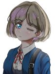  1girl bag blonde_hair blue_eyes blue_shirt closed_mouth collar commentary english_commentary glowing gokeng_(iamgokengz_) half-closed_eyes highres layered_hair looking_at_viewer love_live! love_live!_superstar!! red_rope rope school_uniform shiny_eyes shirt short_hair solo tang_keke white_background 