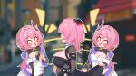  2girls afterimage black_bow black_dress black_shrug blush_stickers bow breasts cleavage color_connection commentary_request company_connection corset dress elf elysia_(honkai_impact) elysia_(miss_pink_elf)_(honkai_impact) hair_bow hair_color_connection hair_ornament highres honkai_(series) honkai_impact_3rd large_breasts long_pointy_ears lty-d medium_breasts mihoyo multiple_girls pink_hair pointy_ears remielle_dan shrug_(clothing) smile white_corset zenless_zone_zero 