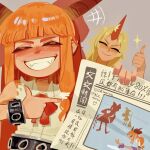  +++ 2girls blonde_hair blush brown_horns bunbunmaru chinese_commentary chinese_text closed_eyes closed_mouth commentary_request english_commentary facing_viewer grin grmarsa hakurei_reimu highres holding holding_newspaper horns hoshiguma_yuugi ibuki_suika kirisame_marisa mixed-language_commentary multiple_girls newspaper oni pointing red_horns shirt simple_background single_horn smile thumbs_up touhou translation_request white_shirt 