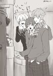  3boys blush clear_(dramatical_murder) commentary_request crane_game dramatical_murder hair_between_eyes hand_in_pocket hand_on_another's_shoulder height_difference highres kuwa_ayase male_focus multiple_boys noiz_(dramatical_murder) open_mouth pants scarf seragaki_aoba short_hair standing surprised sweater tongue tongue_out translation_request 