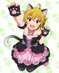  1girl :d ahoge animal_ears arm_up bell black_dress black_gloves blonde_hair bow bowtie breasts card_commentary cat_ears cat_tail commentary_request detached_sleeves dress fake_animal_ears fake_tail fingerless_gloves full_body game_asset gloves ibuki_tsubasa idolmaster idolmaster_million_live! idolmaster_million_live!_theater_days kneeling looking_at_viewer neck_bell nyannyan_cat's_eye_(idolmaster) official_alternate_costume official_art open_mouth paw_pose pink_bow pink_bowtie pink_dress pink_eyes puffy_detached_sleeves puffy_sleeves short_hair smile solo tail third-party_source two-tone_dress 