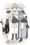  3boys :d absurdres ankle_boots belt belt_buckle black_gloves black_pantyhose blonde_hair blue_cape blue_eyes blue_gem blue_vest blush boots boy_sandwich brooch brown_belt brown_boots brown_gloves brown_hair brown_shorts buckle buttons cape child closed_mouth clothing_request colored_eyelashes commentary_request crossed_arms double-breasted fangs fingerless_gloves frilled_shorts frills full_body gem gloves gold_thighlet green_eyes green_gem green_shorts grin hand_on_another's_shoulder highres holding_another's_arm invisible_floor jewelry knee_armor knee_boots lace-up_boots long_sleeves looking_at_viewer male_focus multiple_boys open_mouth original outstretched_arm pantyhose pointy_ears reaching reaching_towards_viewer red_eyes ribbed_shorts sandwiched shoe_belt short_hair short_shorts shorts signature sleeves_past_wrists small_sweatdrop smile standing standing_on_one_leg straight-on suu3query symmetrical_pose thighhighs thighlet vampire vest white_background white_boots white_hair white_thighhighs 