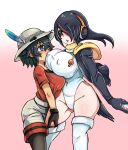  2girls alternate_breast_size_(larger) animal_ears asymmetrical_docking backpack bag black_hair blush breast_press breasts cameltoe commentary_request covered_navel covered_nipples emperor_penguin_(kemono_friends) gloves hair_over_one_eye hat hat_feather headphones helmet hood kaban_(kemono_friends) kemono_friends large_breasts leotard long_hair multicolored_hair multiple_girls orange_streaks pantyhose penguin_girl penguin_tail pith_helmet red_shirt sd1988122 shirt short_sleeves streaked_hair symmetrical_docking tail thighhighs white_leotard 
