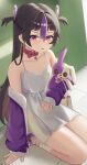  1girl absurdres bag black_hair collar commentary dress earrings goddess_of_victory:_nikke hair_ribbon handbag highres jacket jewelry just_tume long_hair looking_at_viewer multicolored_hair pink_collar purple_eyes purple_jacket purple_ribbon purple_streaks ribbon seiza sitting socks solo streaked_hair stuffed_animal stuffed_rabbit stuffed_toy syuen_(nikke) syuen_(young)_(nikke) tearing_up two_side_up white_dress white_socks 