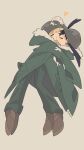  2girls artist_name biting biting_cheek black_hair blonde_hair blue_eyes cheek-to-cheek cheek_press chito_(shoujo_shuumatsu_ryokou) closed_eyes coat combat_helmet commentary_request creature_on_head floating full_body fur_trim green_coat green_pants heads_together heart helmet highres hood hood_down hug jacket long_hair long_sleeves low_twintails military military_jacket military_uniform multiple_girls one_eye_closed pants renren_(ah_renren) shoes shoujo_shuumatsu_ryokou simple_background sleeves_past_wrists stahlhelm tareme twintails yuri yuuri_(shoujo_shuumatsu_ryokou) 