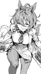  1girl 4l8ert agnes_tachyon_(tach-nology)_(umamusume) agnes_tachyon_(umamusume) animal_ears arm_support breasts chemical_structure coat collared_shirt commentary_request dot_nose double-parted_bangs foot_out_of_frame from_above greyscale hair_between_eyes hair_ornament half-closed_eyes horse_ears horse_tail korean_commentary lab_coat light_smile long_coat looking_at_viewer medium_breasts monochrome necktie open_clothes open_coat pantyhose parted_lips reclining ribbed_trim shirt short_hair simple_background sleeves_past_fingers sleeves_past_wrists solo sweater_vest tail teeth test_tube thighs umamusume v-neck white_background white_trim 