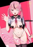  1girl absurdres areola_slip aumann black_choker black_horns black_panties black_sailor_collar black_thighhighs blush breasts choker commentary_request content_rating cross cross_pasties fang highres horns long_hair looking_at_viewer medium_breasts multicolored_hair navel necktie one_eye_closed open_mouth original panties pasties pink_background pink_eyes pink_hair pink_necktie sailor_collar salute school_uniform serafuku short_sleeves smile solo stomach streaked_hair thighhighs thighs translation_request twintails two-tone_hair underwear white_serafuku 