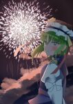  1girl absurdres asymmetrical_hair black_hat blue_eyes blue_skirt blue_vest blush closed_mouth cloud cloudy_sky commentary_request danmaku epaulettes fireworks frilled_hat frills from_side gasubanana green_hair hair_between_eyes hat highres juliet_sleeves long_sleeves medium_hair night no_lineart no_sclera outdoors partial_commentary puffy_sleeves shiki_eiki shirt sidelocks sideways_mouth skirt sky sleeve_bow smile solo split_mouth touhou upper_body vest white_shirt 