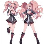  1girl :d @_@ bare_legs bear_hair_ornament big_hair black_boots black_choker black_shirt blonde_hair blue_eyes boots bow breasts checkered_clothes checkered_skirt choker cleavage collarbone commentary danganronpa:_trigger_happy_havoc danganronpa_(series) dot_nose enoshima_junko full_body hair_ornament hands_on_own_chin hands_on_own_hips highres knee_boots lace-up_boots large_breasts leg_up long_hair looking_at_viewer loose_necktie microskirt multiple_expressions multiple_views necktie pippinbear pleated_skirt print_necktie raised_inner_eyebrows red_bow red_skirt school_uniform shirt simple_background skirt sleeves_rolled_up smile standing standing_on_one_leg straight-on tachi-e teeth twintails untranslatable_commentary upper_teeth_only white_background 