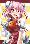  bandages blush bow breasts bun_cover checkered checkered_background chinese_clothes double_bun dragon_ball dragon_ball_(object) e.o. flower highres ibaraki_kasen large_breasts looking_at_viewer open_mouth pink_eyes pink_hair red_eyes rose short_hair short_sleeves smile solo tabard touhou 