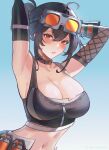  1girl absurdres ahoge armpits bare_shoulders black_gloves black_hair black_sports_bra blue_sky breasts cleavage commentary crop_top elbow_gloves fishnet_gloves fishnets gloves goggles goggles_on_head grace_howard highres large_breasts looking_at_viewer midriff navel orange_eyes short_hair sky solo sports_bra umabomi zenless_zone_zero 