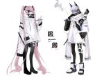  1boy 1girl absurdly_long_hair absurdres black_gloves boots carriann000 coat dog_tags eyepatch full_body gloves gun hand_in_pocket hand_up highres jacket knee_pads long_hair long_sleeves looking_at_viewer original pantyhose pink_eyes pink_hair scarf short_hair simple_background single_knee_pad sleeves_past_wrists smoke standing twintails very_long_hair weapon weapon_on_back white_background white_coat white_gloves white_hair white_jacket 