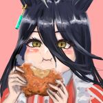  1girl absurdres ahoge animal_ears black_hair blush chicken_(food) closed_mouth dress ear_tag earrings eating employee_uniform fast_food_uniform food fried_chicken hair_between_eyes highres horse_ears horse_girl jewelry kfc long_bangs long_hair long_hair_between_eyes manhattan_cafe_(umamusume) miucv multicolored_hair red_dress simple_background single_earring solo steam steaming_food striped_clothes striped_dress umamusume upper_body vertical-striped_clothes vertical-striped_dress white_hair yellow_eyes 