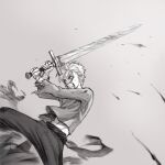  1boy angry bandaged_arm bandages blood blood_on_face clenched_teeth commentary_request cowboy_shot dutch_angle grey_background highres holding holding_sword holding_weapon jun_(navigavi) long_sleeves looking_down male_focus midriff_peek monochrome monster navel open_mouth original pants shirt short_hair solo sword teeth torn_clothes torn_shirt very_short_hair weapon 