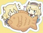  >_< 2girls alice_margatroid animal_ear_fluff animal_ears blonde_hair blue_eyes cat_ears cat_tail chibi chibi_only commentary_request double-parted_bangs eating food grid_background hair_between_eyes heart kagome_f kemonomimi_mode kirisame_marisa long_hair multiple_girls open_mouth outline oversized_object red_hair short_hair tail taiyaki touhou wagashi white_outline yellow_background 