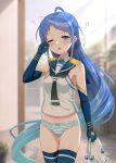  1girl ahoge black_gloves black_neckerchief black_sailor_collar blue_eyes blue_hair blurry blurry_background bow bow_panties commentary_request crop_top elbow_gloves gloves holding holding_unworn_clothes holding_unworn_skirt kantai_collection long_hair messy_hair midriff navel neckerchief one_eye_closed panties revision sailor_collar samidare_(kancolle) shirt skirt sleepy sleeveless sleeveless_shirt solo squeans striped_clothes striped_panties underwear unworn_skirt upper_body white_shirt yokoshima_(euphoria) 