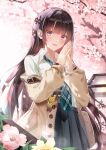  1girl :d absurdres black_hair black_skirt blue_necktie blunt_bangs blush branch brown_jacket buttons charm_(object) cherry_blossoms chinese_commentary collared_shirt commentary_request cowboy_shot fingernails flower highres jacket long_hair long_sleeves looking_at_viewer necktie off_shoulder open_collar open_mouth original own_hands_together pink_eyes plaid_clothes plaid_necktie pleated_skirt shirt skirt smile solo unbuttoned unbuttoned_jacket white_flower white_shirt ye_yu_ji_bei 