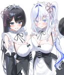  1girl absurdres aokumo_rin apron arm_around_another's_waist black_hair blue_eyes blue_hair blush bow breast_press breasts cleavage colored_eyelashes commentary cosplay d_anch0 detached_sleeves furrowed_brow hair_ornament highres large_breasts long_hair looking_at_viewer maid maid_apron maid_headdress multicolored_hair ram_(re:zero) ram_(re:zero)_(cosplay) re:zero_kara_hajimeru_isekai_seikatsu rem_(re:zero) rem_(re:zero)_(cosplay) ribbon roswaal_mansion_maid_uniform selfie shirayuki_hina simple_background smile stellive virtual_youtuber white_background white_eyelashes white_hair x_hair_ornament 