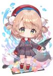  1girl artist_name azuki_mochi132 beret bird black_bird black_shoes blonde_hair blue_ribbon blush_stickers buttons chibi chibi_only choco_(shigure_ui_(vtuber)) closed_mouth commentary double-breasted drawing_tablet expressionless flower full_body green_eyes grey_jacket grey_skirt hair_ornament hair_rings hat highres indie_virtual_youtuber jacket java_sparrow kneehighs legwear_garter long_sleeves looking_at_viewer miniskirt neck_ribbon no_nose paint paint_splatter parted_hair petals pinstripe_jacket pinstripe_pattern pinstripe_skirt pleated_skirt pom_pom_(clothes) pom_pom_hair_ornament raised_eyebrows red_hat red_sailor_collar red_socks ribbon sailor_collar school_uniform shigure_ui_(1st_costume)_(vtuber) shigure_ui_(vtuber) shoes short_hair side_part side_up_ring sidelocks skirt sleeve_cuffs socks solo sparkle sparkling_aura striped_clothes striped_jacket striped_skirt stylus toro_(shigure_ui_(vtuber)) twitter_username untranslatable_commentary vertical-striped_clothes vertical-striped_jacket vertical-striped_skirt watermark white_background white_bird white_java_sparrow 