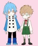  2boys bandaid bandaid_on_hand bandaid_on_leg blush brown_eyes brown_hair buttons child closed_mouth commentary_request deformed dramatical_murder full_body green_eyes holding_hands kneehighs kuwa_ayase light_blush looking_at_another male_focus multiple_boys neck_ribbon noiz_(dramatical_murder) red_ribbon ribbon seragaki_aoba smile socks standing 