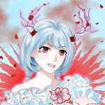  1girl armlet bead_armlet beads blood blood_from_mouth blue_background blue_dress blue_hair braid brooch chinese_commentary commentary_request dragon_horns dress eyelashes falling_petals flower flower_brooch freckles frilled_dress frilled_sleeves frills grey_eyes grin happy highres horn_flower horn_ornament horn_ribbon horns infinity_nikki jewel_under_eye jewelry lipstick long_hair looking_ahead low_twin_braids makeup nikki_(series) off-shoulder_dress off_shoulder outline petals pink_lips pink_outline red_flower red_pupils red_ribbon ribbon short_sleeves smile solo stylist_(nikki) twin_braids upper_body white_flower white_horns yonghu_zhai_xiaocao 