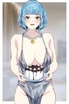  1girl bare_arms bare_shoulders blue_hair blush border braid breasts brown_eyes cake collarbone commentary commission crown_braid dress english_commentary entogman fire_emblem fire_emblem:_three_houses food grey_dress groin highres holding holding_plate jewelry large_breasts looking_at_viewer marianne_von_edmund necklace no_panties open_mouth outside_border plate second-party_source sideboob solo standing thighs wavy_hair white_border 