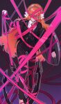  1girl anchor arm_shield artist_request black_pants black_vest bow collared_shirt commentary_request commission e.g.o_(project_moon) grin hair_bow highres ishmael_(project_moon) korean_commentary limbus_company long_hair necktie orange_hair pants pink_eyes pink_hair project_moon red_necktie roseate_desire_(e.g.o) second-party_source shirt smile solo very_long_hair vest white_bow white_shirt 