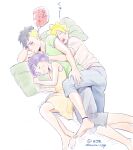  1girl 2boys adoptive_siblings ahoge anklet balcony barefoot black_pants blonde_hair blue_pants boruto:_naruto_next_generations boruto_(series) brother_and_sister brothers commentary_request dress facial_mark frown jewelry kawaki_(boruto) makio1313 multicolored_hair multiple_boys naruto_(series) pants pillow purple_hair short_hair siblings sleeping sleeping_on_person speech_bubble thought_bubble translation_request two-tone_hair undercut uzumaki_boruto uzumaki_himawari whisker_markings yellow_dress 