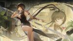  1girl absurdres alcohol arm_strap bare_shoulders bingsa_(707) bird black_dress bracelet breasts brown_hair building bullet center_opening chandelier commentary_request covered_navel cup dagger dress drinking_glass dsr-50_(girls'_frontline) earrings floating_hair gem girls'_frontline girls'_frontline_2:_exilium glint hair_intakes hand_up highres holding holding_dagger holding_knife holding_weapon jewelry knife large_breasts legs light_particles long_hair looking_ahead looking_at_viewer loreley_(girls'_frontline_2) night pelvic_curtain plant red_eyes red_gem red_wine sideboob sidelocks sleeveless sleeveless_dress solo stiletto_(weapon) strap thighs very_long_hair weapon wine wine_glass 