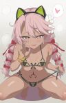  1girl animal_ears ass_visible_through_thighs bare_shoulders barefoot bead_bracelet beads bern1y bikini black_bikini blush bracelet braid breasts cat_ears chloe_von_einzbern chloe_von_einzbern_(swimsuit_avenger)_(second_ascension) clothing_cutout commentary_request dark-skinned_female dark_skin fake_animal_ears fang fate/grand_order fate_(series) fellatio_gesture flower green_trim hair_flower hair_ornament hair_ribbon hairband heart heart_cutout highres jewelry long_hair looking_at_viewer low_twin_braids multicolored_bikini multicolored_nails nail_polish naughty_face navel open_mouth orange_eyes pink_hair pink_nails ribbon side-tie_bikini_bottom skin_fang small_breasts smile solo spoken_heart spread_legs squatting stomach_tattoo swimsuit tattoo thighs toenail_polish toenails toes twin_braids untying 