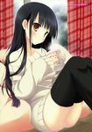  absurdres artist_name black_hair black_legwear blush brown_eyes character_request copyright_request cup curtains highres holding long_hair looking_at_viewer mug narumi_yuu_(bunbukudou) sitting sliding_doors solo sweater thighhighs 