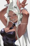  1girl animal_ears armpits arms_up artist_name bare_shoulders black_leotard black_necktie boku_no_hero_academia breasts bunny_day cleavage commentary dark-skinned_female dark_skin detached_collar hands_up kadeart large_breasts leotard long_eyelashes long_hair long_sidelocks looking_at_viewer mirko necktie parted_bangs parted_lips ponytail rabbit_ears rabbit_girl rabbit_pose rabbit_tail red_eyes short_necktie sidelocks simple_background smile solo strapless tail teeth toned toned_female untranslatable_commentary upper_body very_long_hair very_long_sidelocks white_background white_hair white_wrist_cuffs wrist_cuffs 