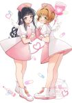  2girls angel_wings antenna_hair apron black_hair brown_hair cardcaptor_sakura collared_dress commentary_request daidouji_tomoyo dress flat_chest full_body gloves green_eyes hair_intakes hand_on_another's_hand hat highres intravenous_drip kinomoto_sakura long_hair looking_at_viewer momo-tako multiple_girls nurse nurse_cap open_mouth palms_together pill pink_apron pink_gloves pink_hat pink_shorts puffy_short_sleeves puffy_sleeves purple_eyes shoes short_hair short_sleeves shorts shorts_under_dress smile standing white_dress white_shoes white_wings winged_shoes wings 