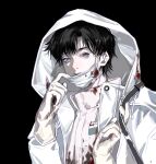  1boy absurdres black_background black_eyes black_hair blood blood_on_clothes blood_on_face carriann000 eyelashes gloves highres hood hood_up hooded_jacket jacket long_sleeves looking_at_viewer male_focus mask mask_pull mouth_mask open_mouth original parted_lips pulling_own_clothes short_hair simple_background solo surgical_mask teeth upper_body upper_teeth_only white_gloves white_jacket white_mask yellow_gloves 
