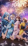  4girls aerial_fireworks amane_kanata animal_ears azki_(hololive) barefoot blue_hair blue_kimono brown_eyes brown_hair casino_(casinoep) commentary_request dog_ears dog_tail elf feet fireworks floral_print floral_print_kimono flower foot_focus from_behind full_body grey_hair hair_flower hair_ornament highres hololive inugami_korone japanese_clothes kimono kneeling long_hair long_pointy_ears medium_hair multiple_girls nail_polish night off_shoulder outdoors pink_kimono pointy_ears ponytail print_kimono purple_eyes soles spread_toes tail toe_scrunch toenail_polish toenails toes virtual_youtuber yellow_eyes yellow_kimono yukihana_lamy 