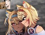  2girls animal_ear_fluff animal_ears blonde_hair blue_eyes blue_hair commentary dog dog_ears dog_girl english_commentary fuwawa_abyssgard glaring hair_intakes hair_ornament hairband highres hololive hololive_english horns mococo_abyssgard multicolored_hair multiple_girls photo_inset pink_hair reference_inset siblings sisters streaked_hair sweat twins virtual_youtuber yume_(yume_ato29) 