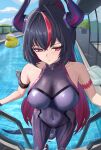  1girl ahoge armlet blurry body_markings bodysuit breasts collarbone colored_skin commentary covered_collarbone covered_navel depth_of_field diving_suit dragon_girl dragon_horns dragon_tail finger_claws high_ponytail highres horns huge_ahoge jewelry large_breasts light_blush long_horns looking_down looking_to_the_side multicolored_eyes multicolored_hair multicolored_horns multicolored_skin neverness_to_everness official_alternate_costume parted_lips ponytail pool purple_hair red_eyes red_streaks shinku_(dawn_patrol)_(nte) shinku_(nte) shy solo streaked_hair suit tail thick_tail two-tone_skin upper_body water wet wetsuit yame_pi 