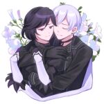 1boy 1girl black_gloves black_hair closed_eyes closed_mouth commentary couple fuwarenren gloves hetero hug nier:automata nier_(series) octopath_traveler octopath_traveler_ii purple_eyes short_hair temenos_mistral throne_anguis white_background white_hair 