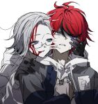  2boys ahoge aotsuki_eito black_gloves black_streaks blood blood_on_face blue_eyes body_horror commentary_request drawstring evil_smile glasses gloves grey_hair grey_jacket grimace hand_on_another's_face hand_on_another's_shoulder hand_on_own_chest heterochromia highres hood hoodie jacket jacket_over_hoodie korean_commentary looking_at_another looking_up male_focus multicolored_hair multicolored_jacket multiple_boys open_clothes open_jacket pqpqpwor purple_eyes red_hair short_hair simple_background smile spoilers streaked_hair sumino_takumi sweat the_hundred_line_-last_defense_academy- two-tone_hair two-tone_jacket white_background white_hoodie white_jacket 