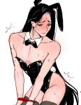  1boy animal_ears arched_back ass ass_blush bindi black_bow black_bowtie black_hair black_leotard black_thighhighs blush bound bound_wrists bow bowtie bunny_day closed_mouth covered_navel cowboy_shot curtained_hair detached_collar embarrassed green_eyes groin hair_down half-closed_eyes hickey highleg highleg_leotard highres leotard long_hair male_focus male_playboy_bunny manonnym117 motion_lines nipple_slip nipples nose_blush rabbit_ears rabbit_tail raised_inner_eyebrows red_rope rope shen_qingqiu shoulder_blush simple_background solo straight_hair strapless strapless_leotard surprised sweat tail the_scum_villain's_self-saving_system thighhighs traditional_bowtie very_long_hair wavy_mouth white_background 
