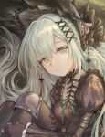  1girl absurdres animal_ears arknights bang_dream! bang_dream!_it's_mygo!!!!! black_bonnet black_dress black_gloves bonnet commentary dress extra_ears floppy_ears gloves green_hair green_ribbon hair_ornament highres knees_up long_hair lop_rabbit_ears official_alternate_costume parted_bangs partially_fingerless_gloves rabbit_ears rabbit_girl ribbon sitting wakaba_mutsumi wakaba_mutsumi_(marionette's_id) x_hair_ornament yellow_eyes zhi_niao 