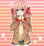  1boy :d arikawa_kaguya blue_eyes blush bow bowtie brown_coat brown_sweater_vest coat commentary_request cowboy_shot crossdressing crossdressing_(mtf) grey_skirt hair_bow hands_up himegoto long_sleeves looking_at_viewer low_twintails male_focus medium_hair miniskirt mittens naochan1206 open_clothes open_coat open_mouth outline own_hands_together pink_hair plaid_clothes plaid_skirt pleated_skirt red_bow red_bowtie school_uniform short_twintails skirt smile solo standing star_(symbol) star_symbol_background straight-on striped_background sweater_vest trap twintails white_outline winter wrist_bow 